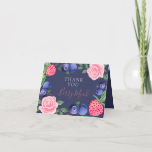 Blaubeeren und Erdbeeren Rahmen mit rosa Rosen Dankeskarte
