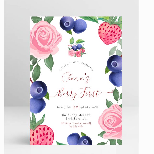 Blaubeeren und Erdbeeren Rahmen mit rosa Rosen Einladung (Blueberries & Strawberries Frame with Pink Roses First Birthday Invitation)