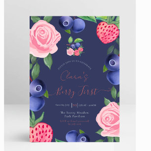 Blaubeeren und Erdbeeren Rahmen mit rosa Rosen Einladung