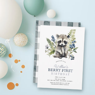 Blaubeeren & Waschbär-Junge Berry First 1. Geburts Einladung