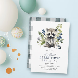 Blaubeeren & Waschbär-Junge Berry First 1. Geburts Einladung