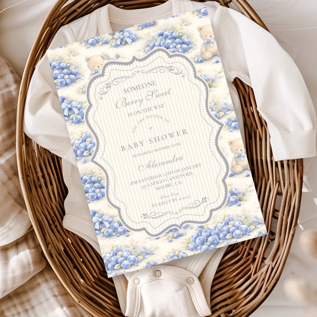 Blaubeergarten Teddy Toile Baby Shower Einladung (Von Creator hochgeladen)