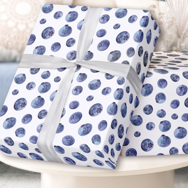 Blaubeermuster Blau Weiß Geschenkpapier (Watercolor Blueberry Pattern Blue White Wrapping Paper)