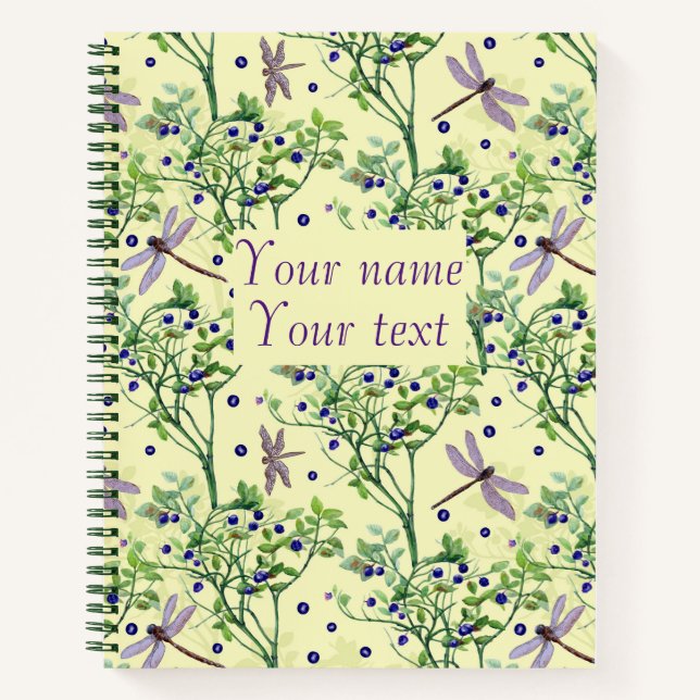 Blaubeermuster mit Libellen Notizbuch (Vorderseite)