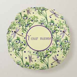 Blaubeermuster mit Libellen Rundes Kissen