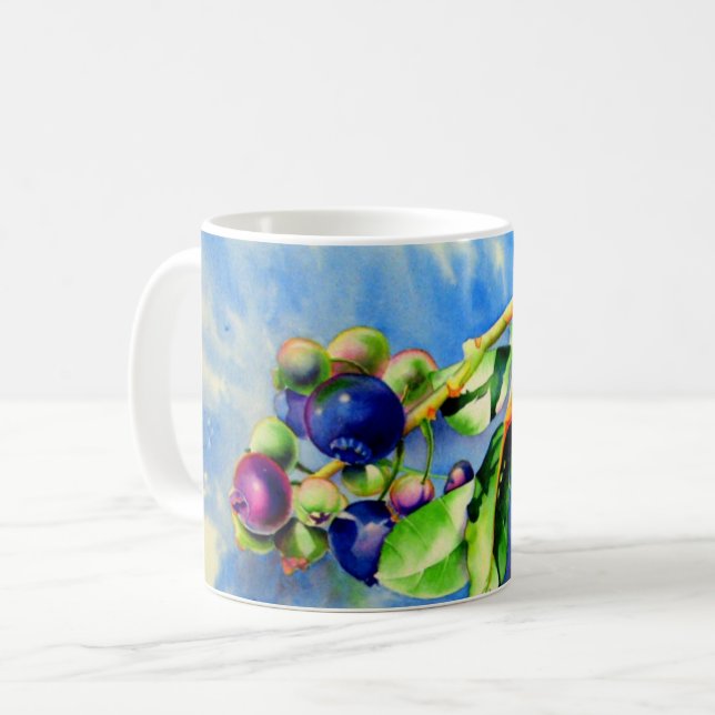 Blaubeerzweig, Aquarellmalerei Kaffeetasse (Vorderseite Links)