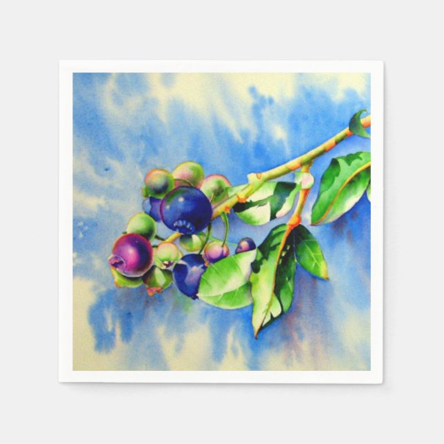 Blaubeerzweig, Aquarellmalerei Serviette (Vorderseite)