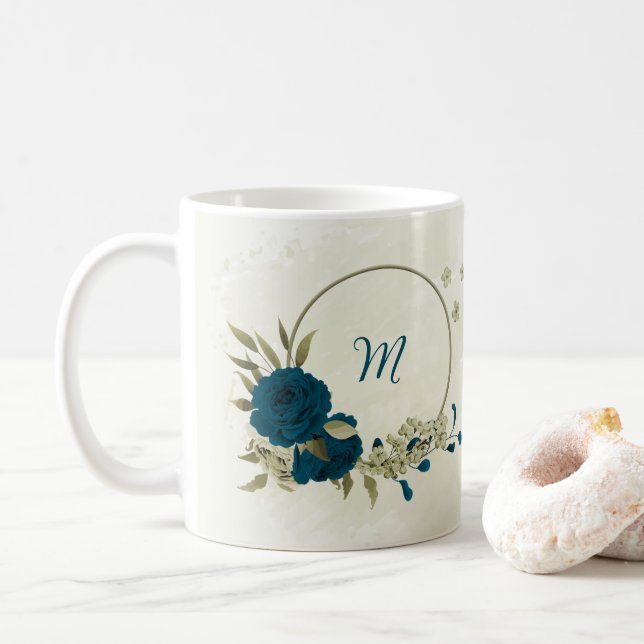 blaubeige Blumenmuster  Kaffeetasse (Mit Donut)