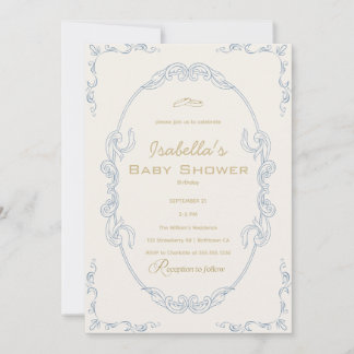 Blaubeige und goldene elegante Babyparty Einladung