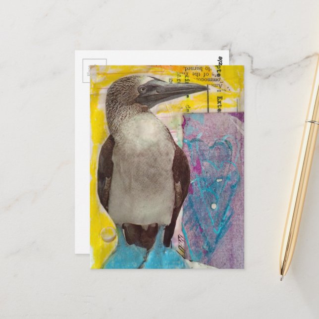 Blaubeiniger Vogel Mixed-Media-Collage Postkarte (Vorderseite/Rückseite Beispiel)