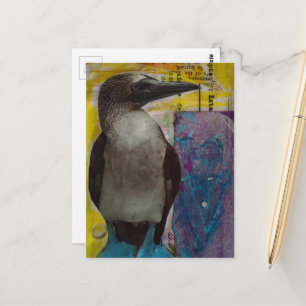Blaubeiniger Vogel Mixed-Media-Collage Postkarte
