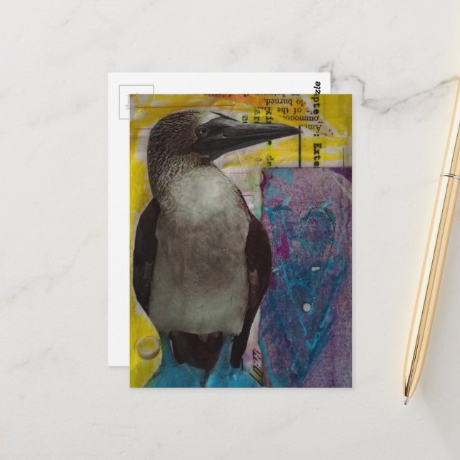Blaubeiniger Vogel Mixed-Media-Collage Postkarte (Vorderseite/Rückseite Beispiel)