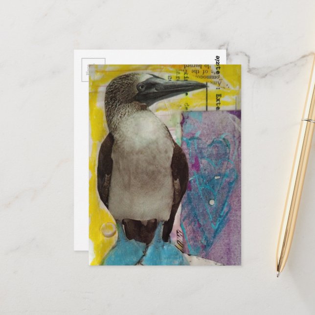 Blaubeiniger Vogel Mixed-Media-Collage Postkarte (Vorderseite/Rückseite Beispiel)
