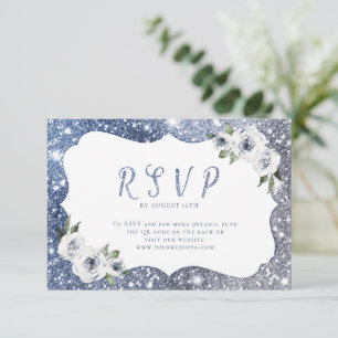 Blaublauer Glitzer Blütenhochzeit QR-Code RSVP Karte