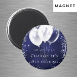 Blaublauer Silberballon der Geburtstagsnacht Save  Magnet<br><div class="desc">Für einen 18. Geburtstag (oder jedes Alter). Navy blaues Hintergrund,  die blaue Farbe ist ungleichmäßig. Dekoriert mit Imitaten silbernen Glitzer,  Glitzern und weißen Ballons. Personalisieren und einen Namen hinzufügen. Weiße Buchstaben. Kann als Keepsake,  Gastgeschenk oder als Save the Date Erinnerung für Ihre Gäste verwendet werden.</div>