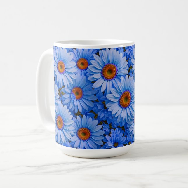 Blaubläuliche Sonnenblumen Blaue Gänse Muster Kaffeetasse (Vorderseite Links)