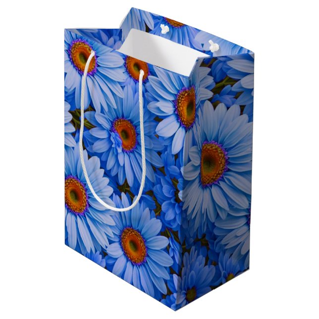 Blaubläuliche Sonnenblumen Blaue Gänse Muster Mittlere Geschenktüte (Rückseite Schrägansicht)