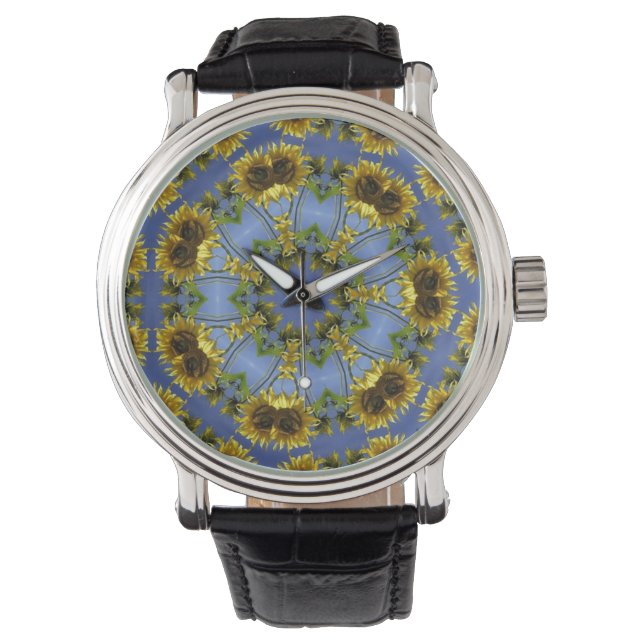 Blaublume Kaleidoskop Vintag Lederband Armbanduhr (Vorderseite)