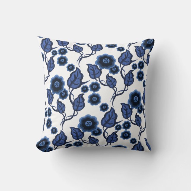 Blaublumen, blaue Blätter, BlumenFolkloreblumen Kissen (Vorderseite)