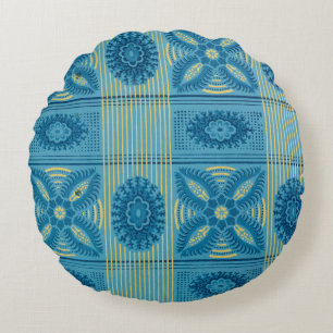 Blaublumen Gelbe Streifen Vintage Kunst Muster Rundes Kissen