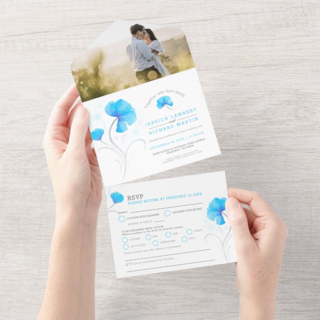 Blaublumen, graues, wirbelfarbenes Foto All In One Einladung (Abreißen)