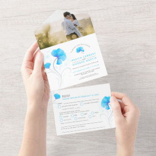 Blaublumen, graues, wirbelfarbenes Foto All In One Einladung