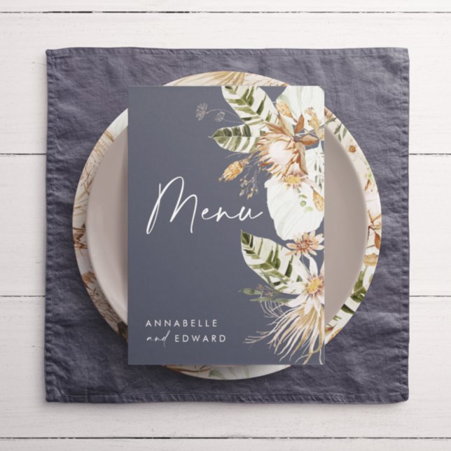 Blaubohemianisches, modernes, elegantes Blattwerk Menükarte (Von Creator hochgeladen)