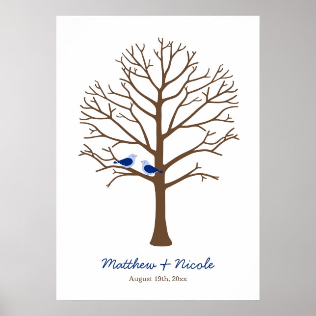 Blaubraun-Vögel-Fingerabdruck-Tree-Hochzeit Poster (Vorne)
