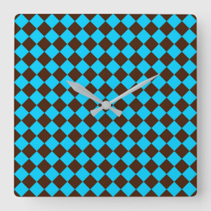 Blaubraune Diamant-Schachbrett-Muster Quadratische Wanduhr