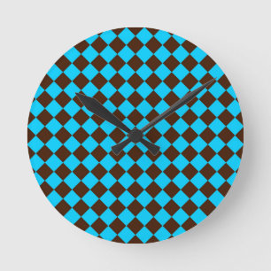 Blaubraune Diamant-Schachbrett-Muster Runde Wanduhr