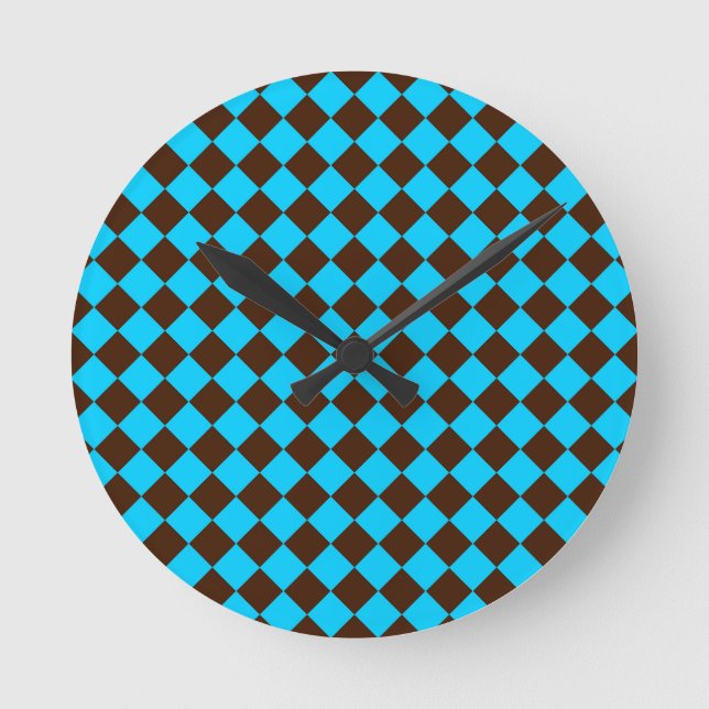 Blaubraune Diamant-Schachbrett-Muster Runde Wanduhr (Vorderseite)