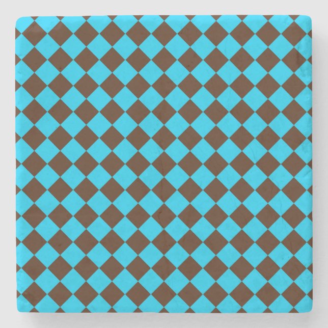 Blaubraune Diamant-Schachbrett-Muster Steinuntersetzer (Vorderseite)