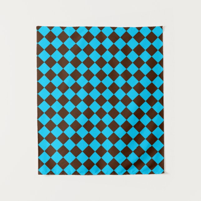 Blaubraune Diamant-Schachbrett-Muster Wandteppich (Vorderseite)