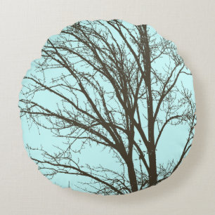 Blaubraune Rustikale Baumzweige Rundes Kissen