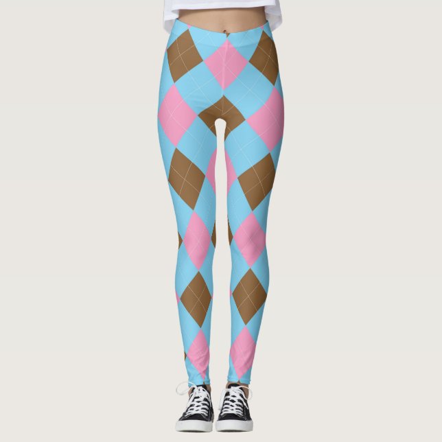 Blaubraune und rosa Raute Leggings (Vorderseite)