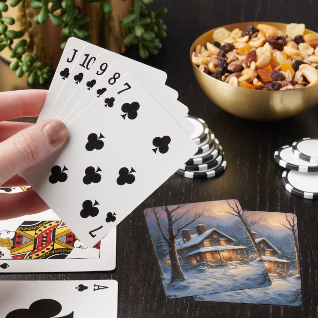 Blaubraune Winterhüttenschneebemalung Spielkarten (In Situ)