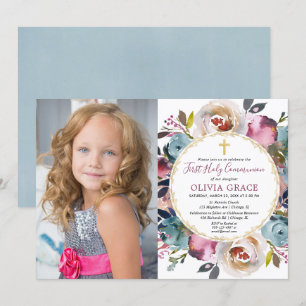 Blauburgund-Foto der ersten Heiligen Kommunion Einladung