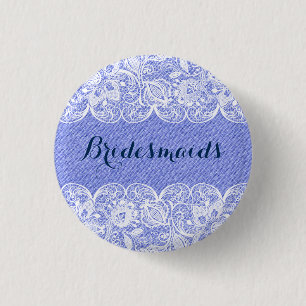 Blaue 2 Faux Leinen & Weiße Spitze Brautjungfern K Button