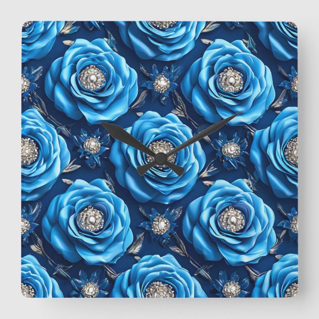 Blaue 3D-Rose Quadratische Wanduhr (Vorderseite)