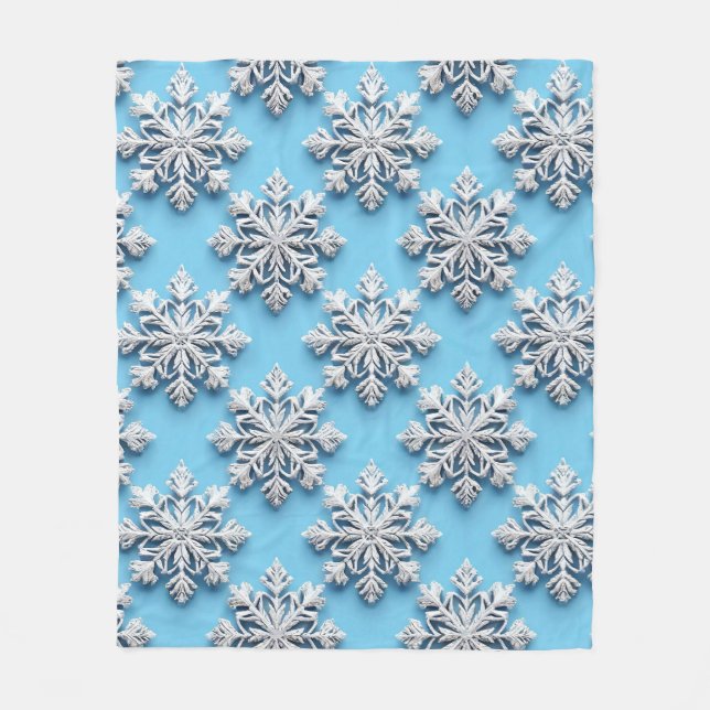 Blaue 3D-Schneeflocken Fleecedecke (Vorderseite)