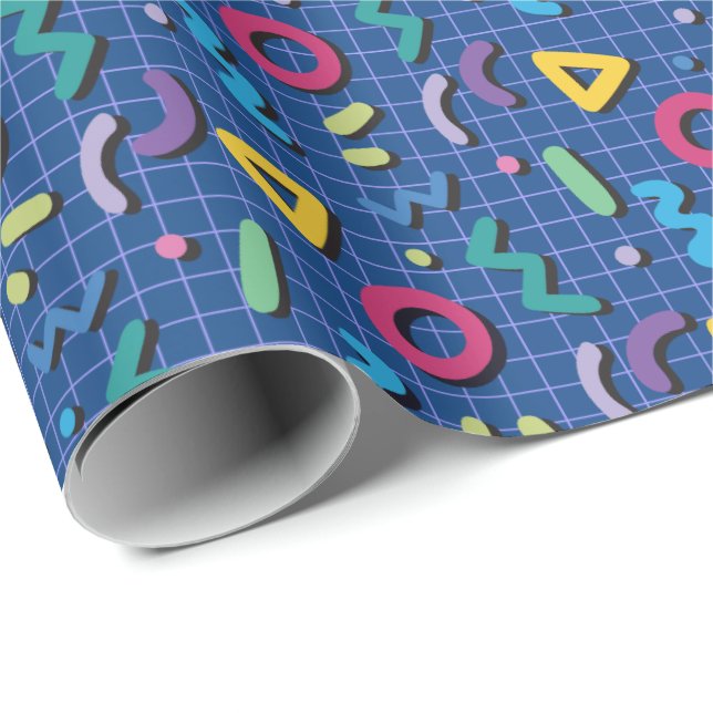 Blaue 80er Memphis Muster Geschenkpapier (Rolleneckpunkt)