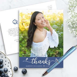 Blaue Abschlussfoto-Chic-Script-Herzen Dankeschön Postkarte