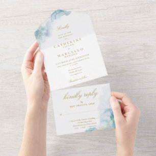 Blaue abstrakte Aquarell elegante Gold Hochzeit All In One Einladung