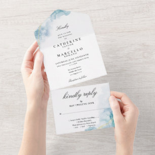 Blaue abstrakte Aquarell elegante Hochzeit All In One Einladung