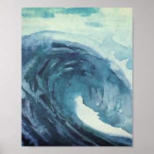 Blaue abstrakte Fun Wasserfarben Kunst Wellen Einz Poster