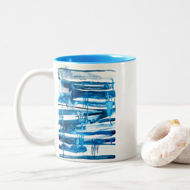 Blaue abstrakte Kunstaquarellbilder Zweifarbige Tasse (Mit Donut)