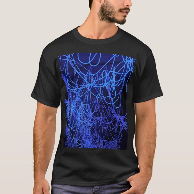 Blaue abstrakte Leuchtlinien T-Shirt (Vorderseite)