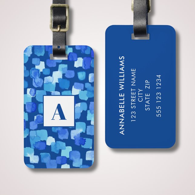 Blaue Abstrakte Monogramm Gepäckanhänger (Modern blue abstract luggage tag with monogram and contact details to the reverse side.)