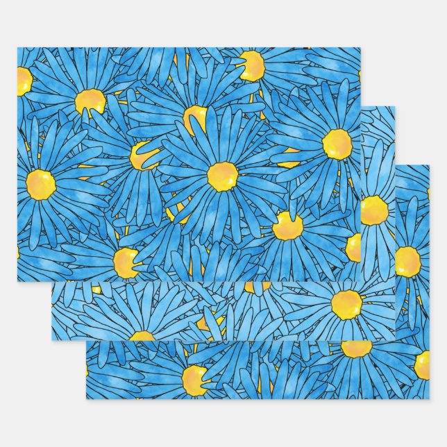 Blaue Abstrakte Pen & Aquarellfarben-Aster-Muster Geschenkpapier Set (Set)