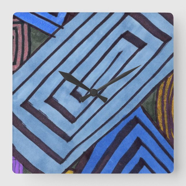 Blaue abstrakte rechteckige Ägyptische Spiralschei Quadratische Wanduhr (Vorderseite)